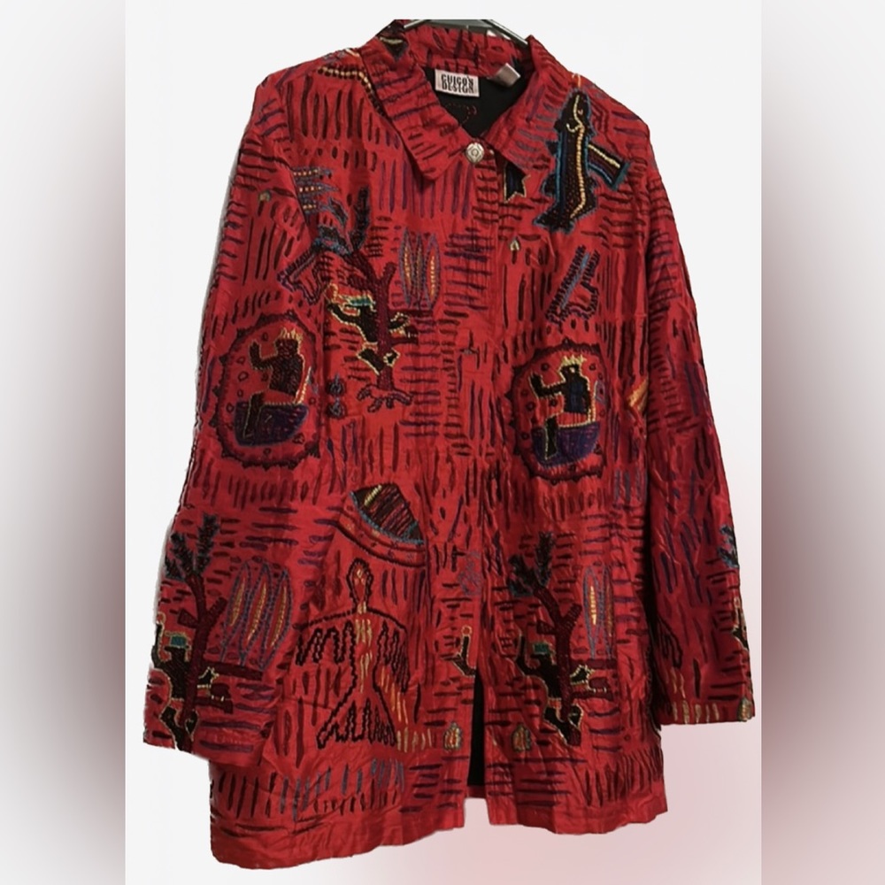 Vintage Chico's Design Red Silk Tribal Design Embroidered Jacket with Lining